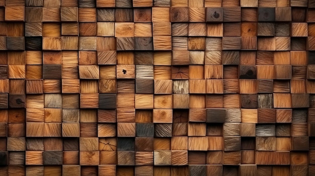 Eine Holzwand bestehend aus verschiedenen Holzquadraten in verschiedenen Farben und Texturen. Generative KI
