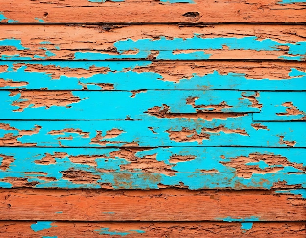 Foto eine holzwand mit abblätternder oranger und blauer farbe.