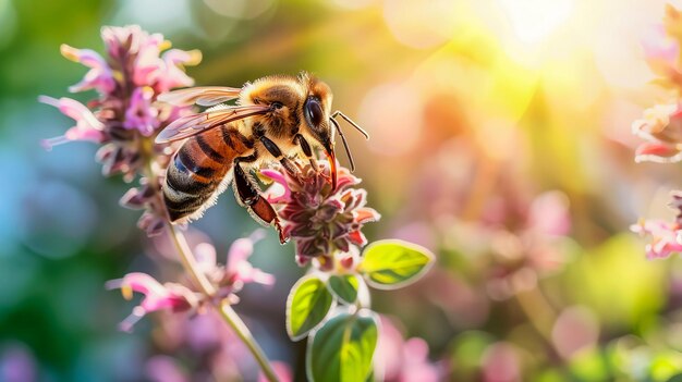 Eine Honigbiene sammelt Nektar aus Oreganoblumen in einem von KI generierten Garten