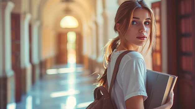 eine hübsche weibliche Studentin trägt einen Bettelsack und hält Bücher in ihren Händen