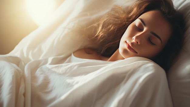 Eine hübsche weiße Frau schläft ruhig unter einer Decke auf einem weichen Bett zu Hause.