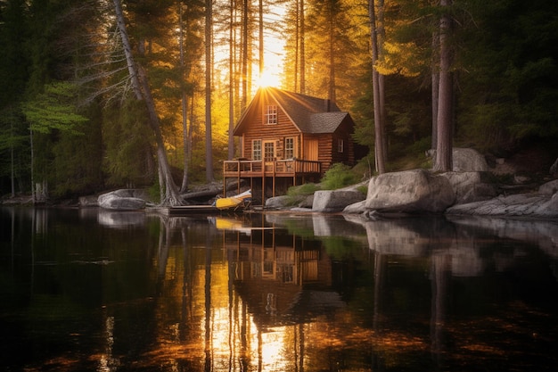 Eine Hütte am See mit einem See im Hintergrund