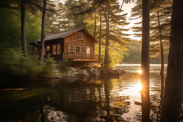 Eine Hütte am Wasser bei Sonnenuntergang