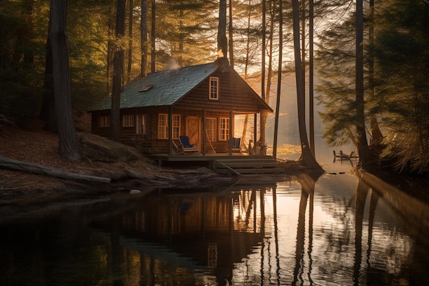 Eine Hütte am Wasser mit einem See im Hintergrund