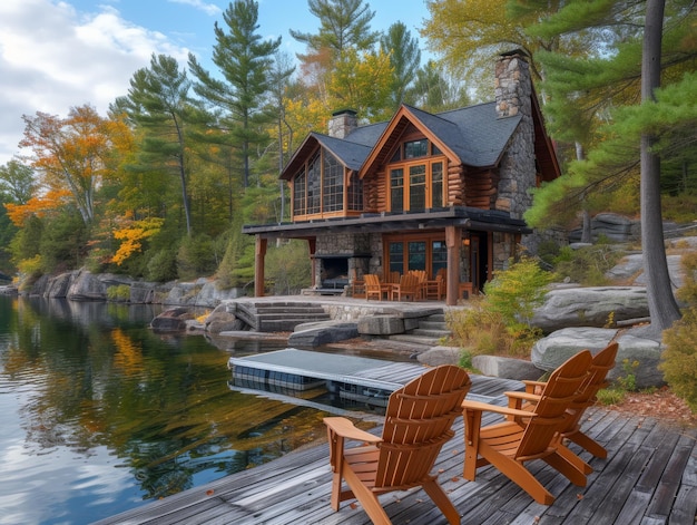 Foto eine hütte im craftsman-stil am ufer eines ruhigen sees