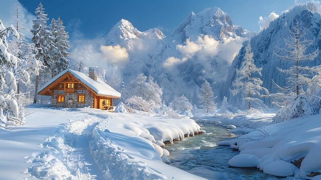 eine Hütte im Schnee mit einem Haus an der Seite