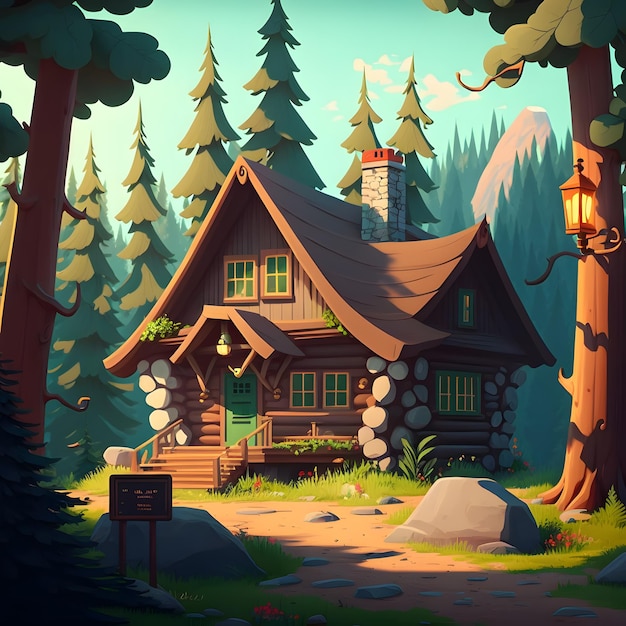 Eine Hütte im Wald mit einem Schild davor