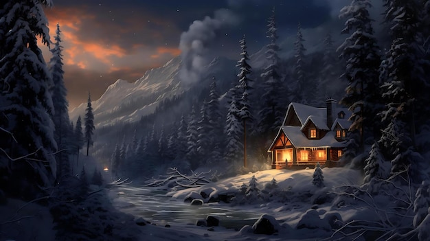 Eine Hütte im Wald mit einem Weihnachtsbaum im Hintergrund