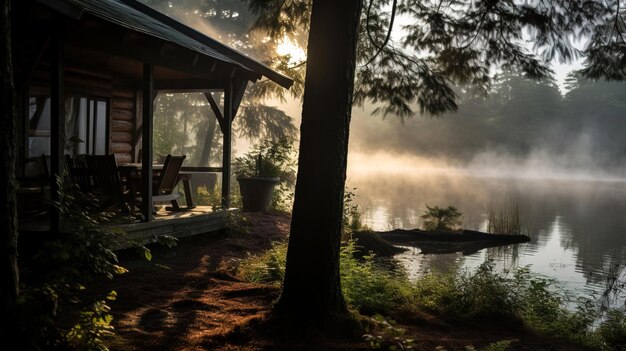 eine Hütte im Wald mit einer Veranda und einem See im Hintergrund