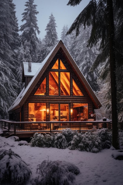 eine Hütte in der Mitte eines schneebedeckten Waldes