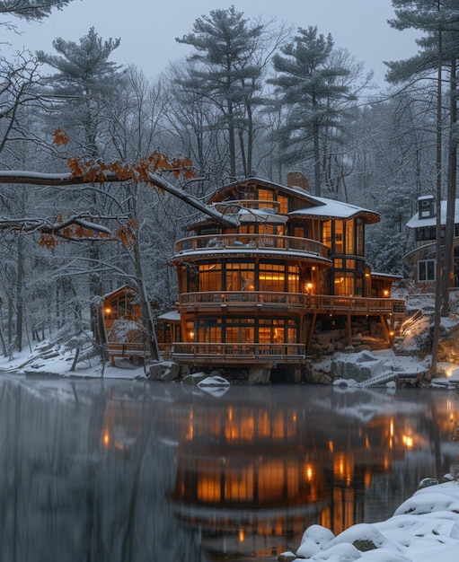 eine Hütte mit einem See im Hintergrund und einer Reflexion von Bäumen im Wasser, die von KI generiert wurde