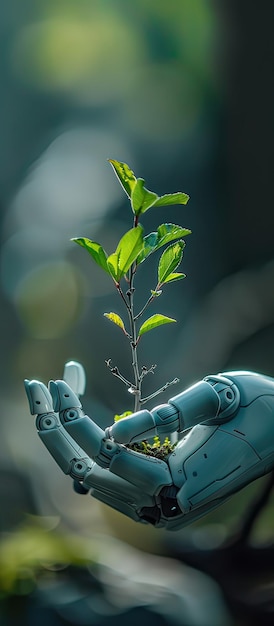 Eine humanoide Hand hält eine junge Pflanze im Wald Nachhaltigkeit und Umweltkonzept