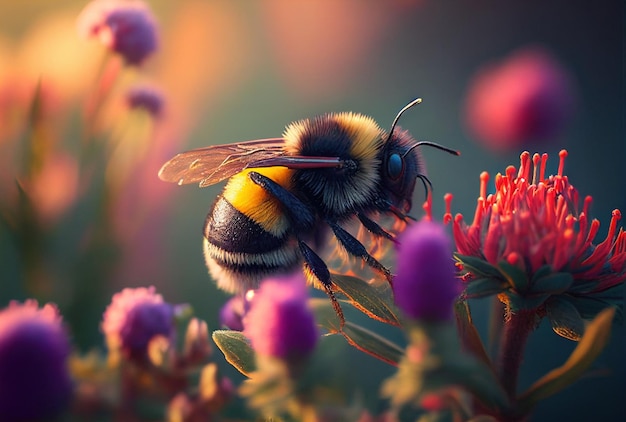 Eine Hummel, die Nektar von bunten Blumen sammelt