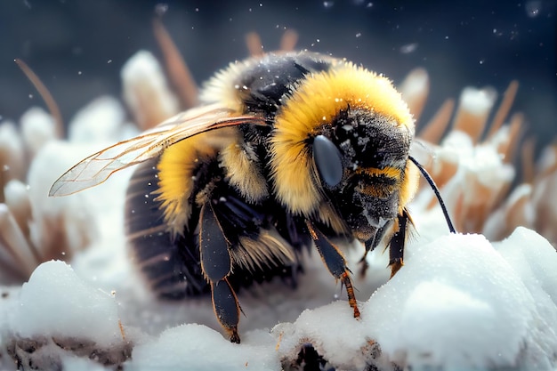 Eine Hummel sitzt auf einem schneebedeckten Boden.