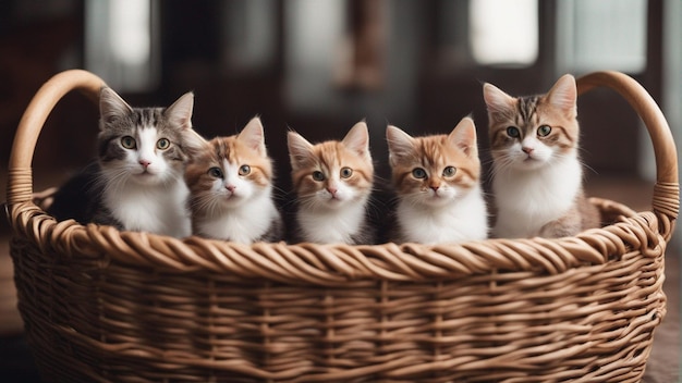Eine hyperrealistische Gruppe von Katzen im Korb. Blauer Hintergrund