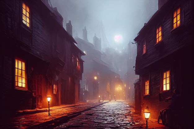 Eine hyperrealistische Illustration einer alten viktorianischen Straße in einer Stadt
