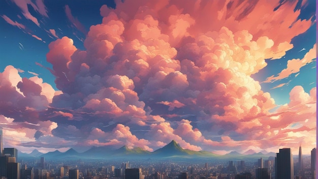 Eine hyperrealistische Landschaft im Cartoon-Stil mit wütenden Anime-Wolken