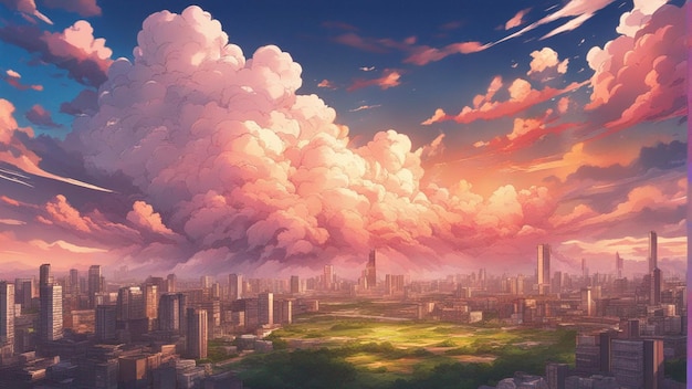 Eine hyperrealistische Landschaft im Cartoon-Stil mit wütenden Anime-Wolken