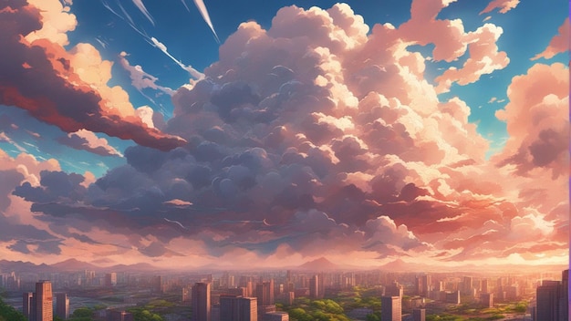 Eine hyperrealistische Landschaft im Cartoon-Stil mit wütenden Anime-Wolken