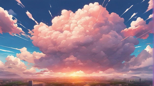 Eine hyperrealistische Landschaft im Cartoon-Stil mit wütenden Anime-Wolken