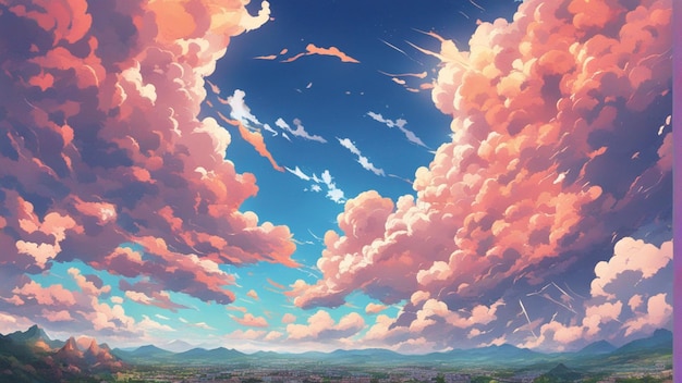 Eine hyperrealistische Landschaft im Cartoon-Stil mit wütenden Anime-Wolken