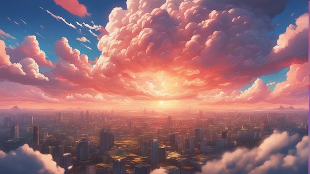 Eine hyperrealistische Landschaft im Cartoon-Stil mit wütenden Anime-Wolken