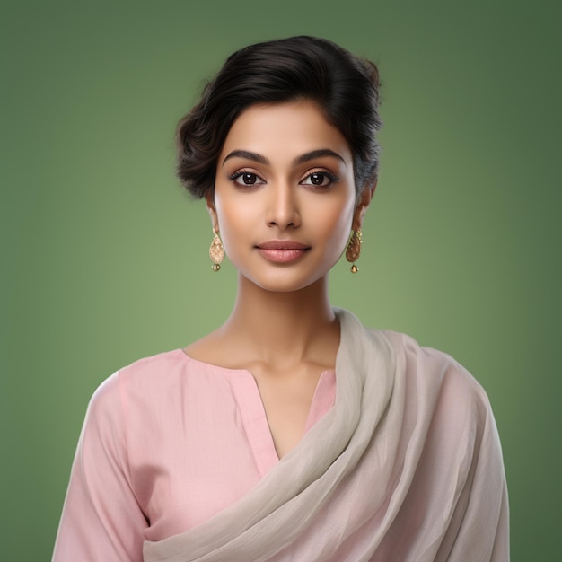 Eine hyperrealistische, schöne, elegante indische Frau, die hellrosa Leinen, Salwar und kurze Haare trägt