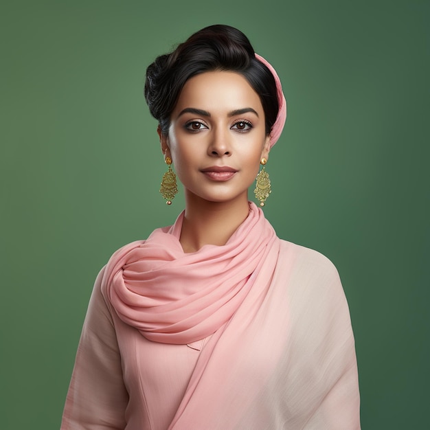 Eine hyperrealistische, schöne, elegante indische Frau, die hellrosa Leinen, Salwar und kurze Haare trägt