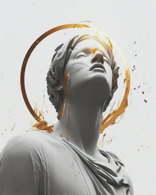 Eine hypnotisierende Darstellung einer Gottestatue mit einem goldenen Halo, göttlicher Glitch-Förmung der Glitch-Ästhetik, die das Heilige und das Moderne in einem einzigartigen und surrealistischen künstlerischen Ausdruck verbindet.