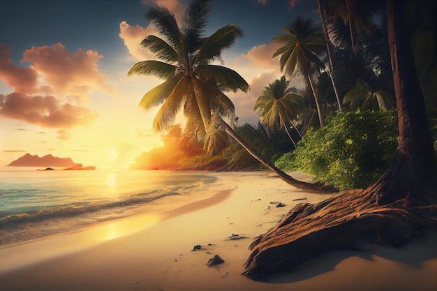 Eine idyllische Strand- und Meereslandschaft auf einer tropischen Insel mit Palmen und Kokospalmen im Abendlicht Generative KI