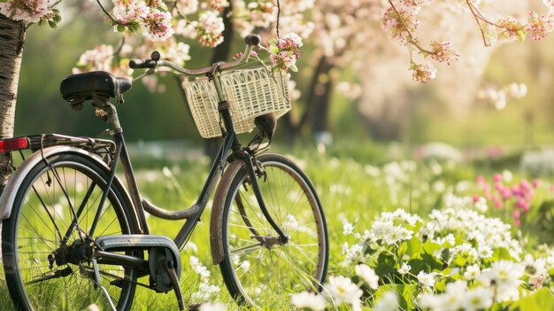 Eine idyllische Szene zeigt die Essenz des Frühlings mit einem mit frischen Blumen geschmückten Vintage-Fahrrad