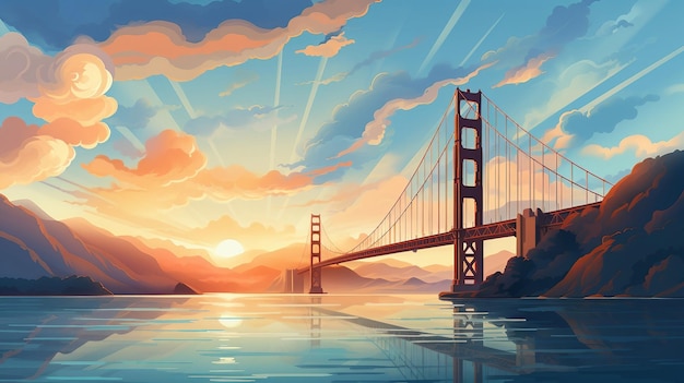 Eine Illustration der Golden Gate Bridge bei Sonnenuntergang, AI generiert