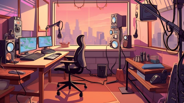 Eine Illustration, die ein realistisches Podcasting-Studio zeigt