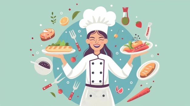 Eine Illustration, die eine glückliche Küchenköchin in Uniform zeigt, die ein Gericht mit Kochgeräten um sie herum hält