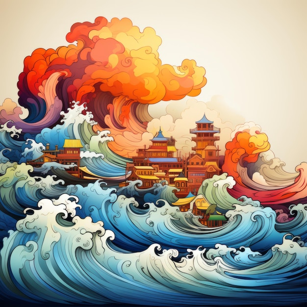 Foto eine illustration einer asiatischen stadt im ozean
