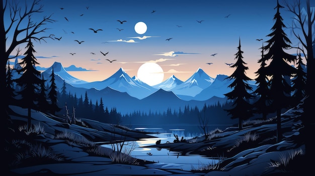 Foto eine illustration einer berglandschaft mit einem fluss und bäumen