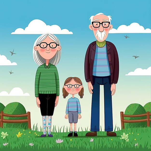 Eine Illustration einer dreiköpfigen Familie, die auf einem Feld steht