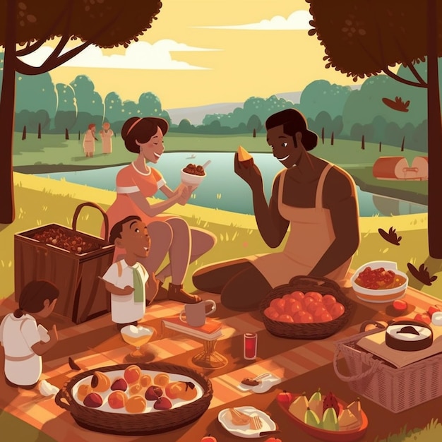 Eine Illustration einer Familie, die im Park ein Picknick macht.