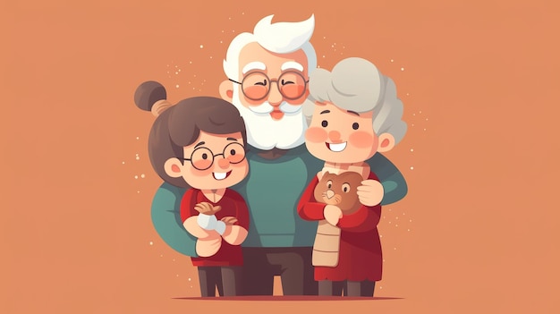 Eine Illustration einer Familie mit einem kleinen Mädchen und einem Jungen, die einen Teddybären halten.