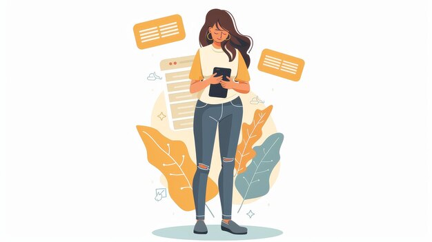 Eine Illustration einer Frau, die Nachrichten auf ihrem Smartphone sendet und empfängt, Kommentare liest und online chattet. Es ist eine flache moderne Illustration, die auf Weiß isoliert ist.