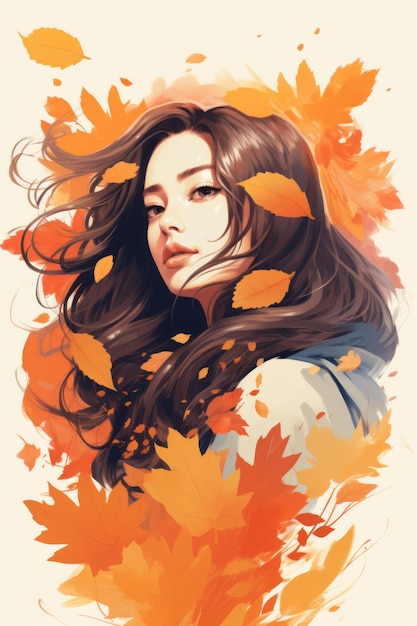 eine Illustration einer Frau mit langen Haaren und fallenden Blättern um sie herum