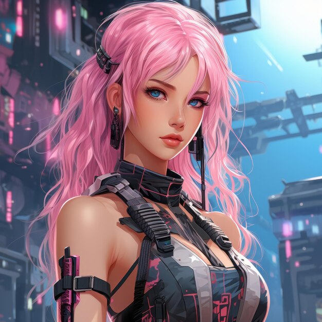eine Illustration einer Frau mit rosa Haaren, die vor einer futuristischen Stadt steht