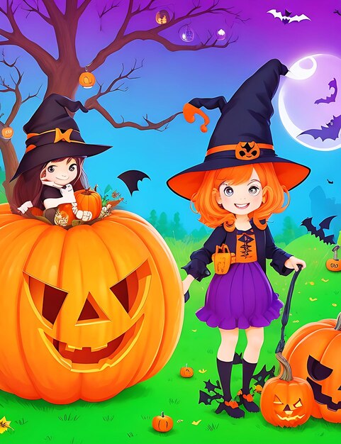 Eine Illustration einer Halloween-Szene mit einem Kürbis und einer Hexe