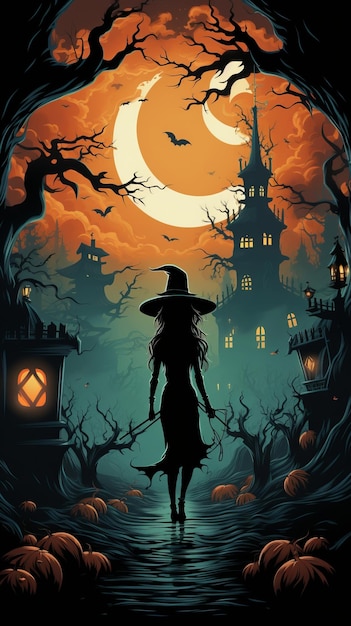 eine Illustration einer Hexe, die nachts durch den Wald geht