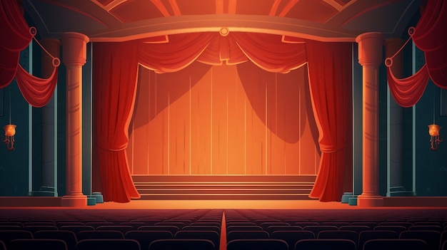 Eine Illustration einer leeren Theaterbühne mit roten Vorhängen und Sitzen, generiert von KI