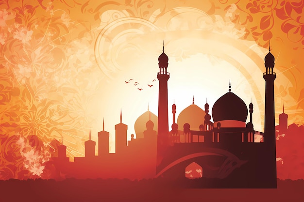 Eine Illustration einer Moschee in einer Stadt mit einem Sonnenuntergang im Hintergrund.