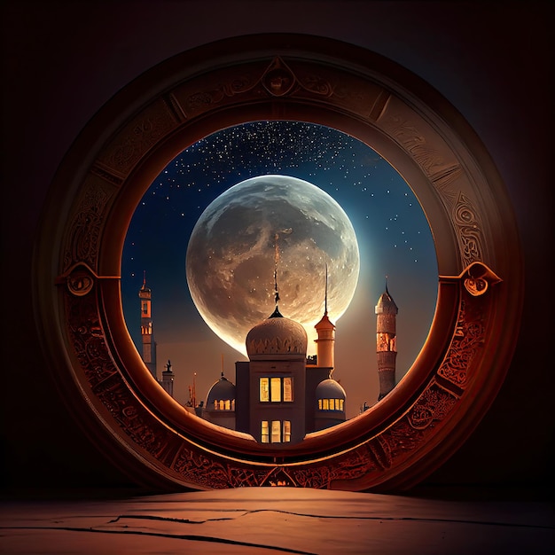 Eine Illustration einer Moschee mit Vollmond