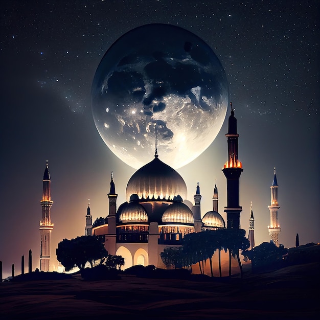 Eine Illustration einer Moschee nachts mit einem Mond