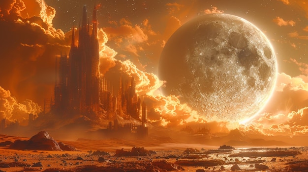 Eine Illustration einer Szene auf einem fremden Planeten, bevor der Sturm kommt Ein realistisches Sci-Fi-Konzept Ein Hintergrunddesign für eine Szene