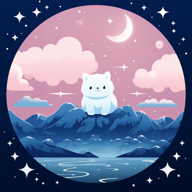 eine Illustration einer weißen Katze, die nachts auf einem Berg sitzt